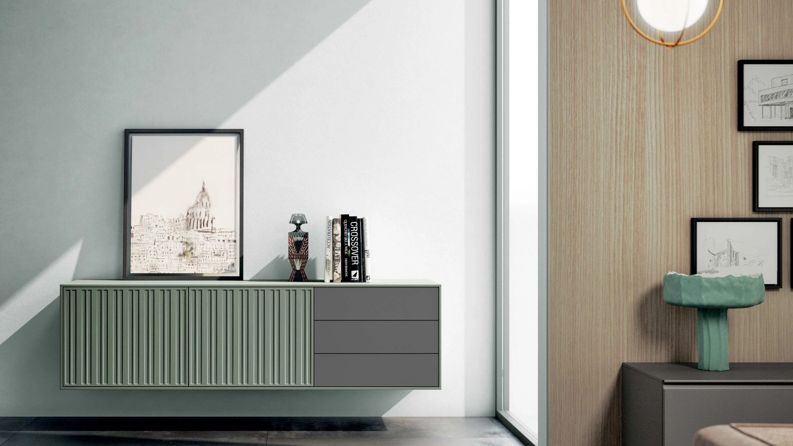 Madia sospesa Creek in laccato opaco con motivo decorativo di Spagnol Mobili