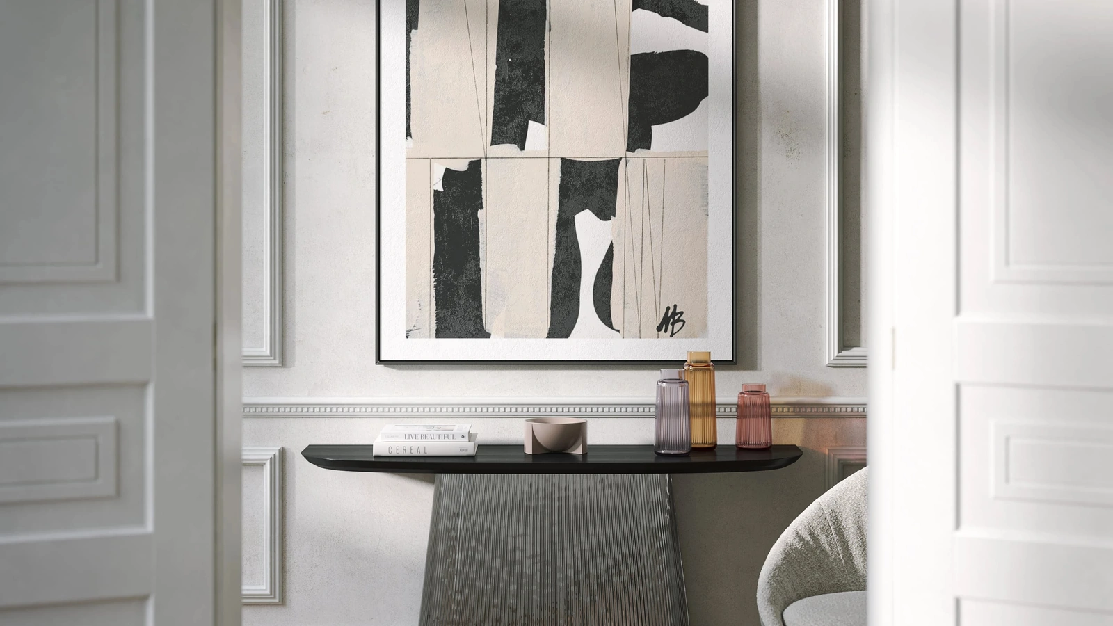 Mobile ingresso Adone Plissè con top in frassino e base in vetro di Tonin Casa