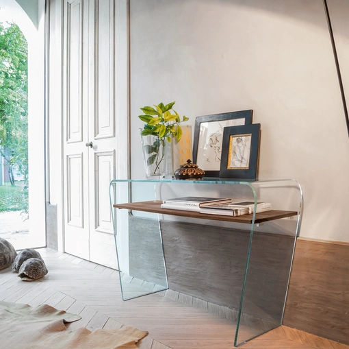 Mobile Ingresso Consolle Altamura in vetro con ripiano in legno di Tonin Casa