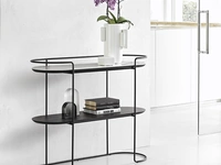 Mobile ingresso in tondino di metallo con piano superiore in ceramica e piano inferiore in legno Atollo di Calligaris