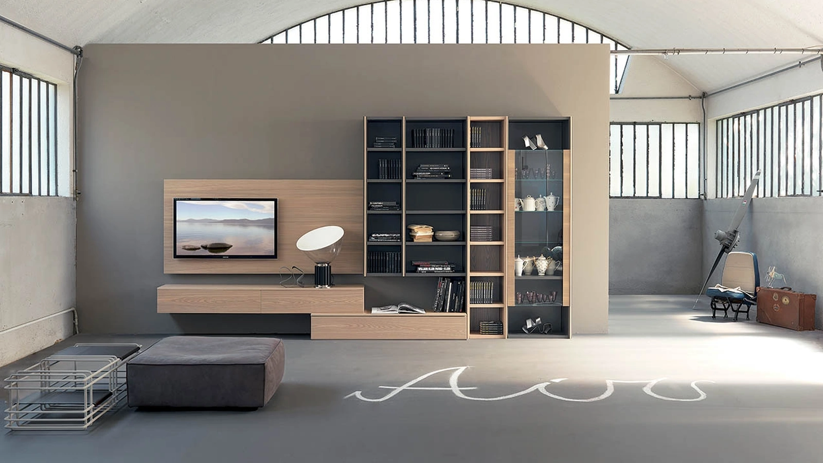 Parete Attrezzata Edis 02 in olmo e laccato ardesia di Fimar