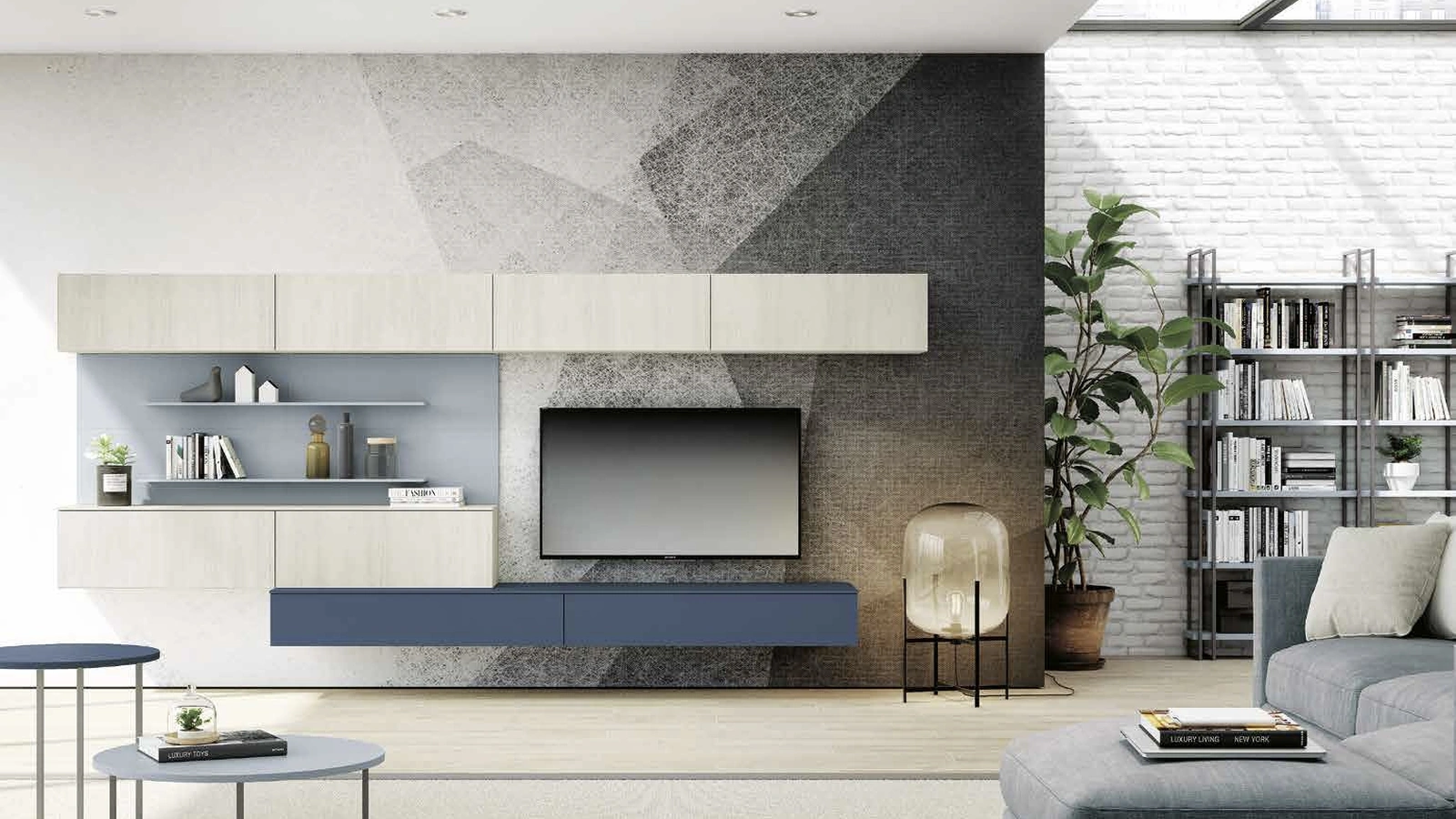 Parete Attrezzata sospesa Living 839 in melaminico Noce Sider e laccato opaco di Spagnol Mobili