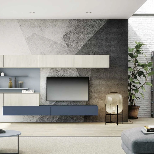 Parete Attrezzata sospesa Living 839 in melaminico Noce Sider e laccato opaco di Spagnol Mobili