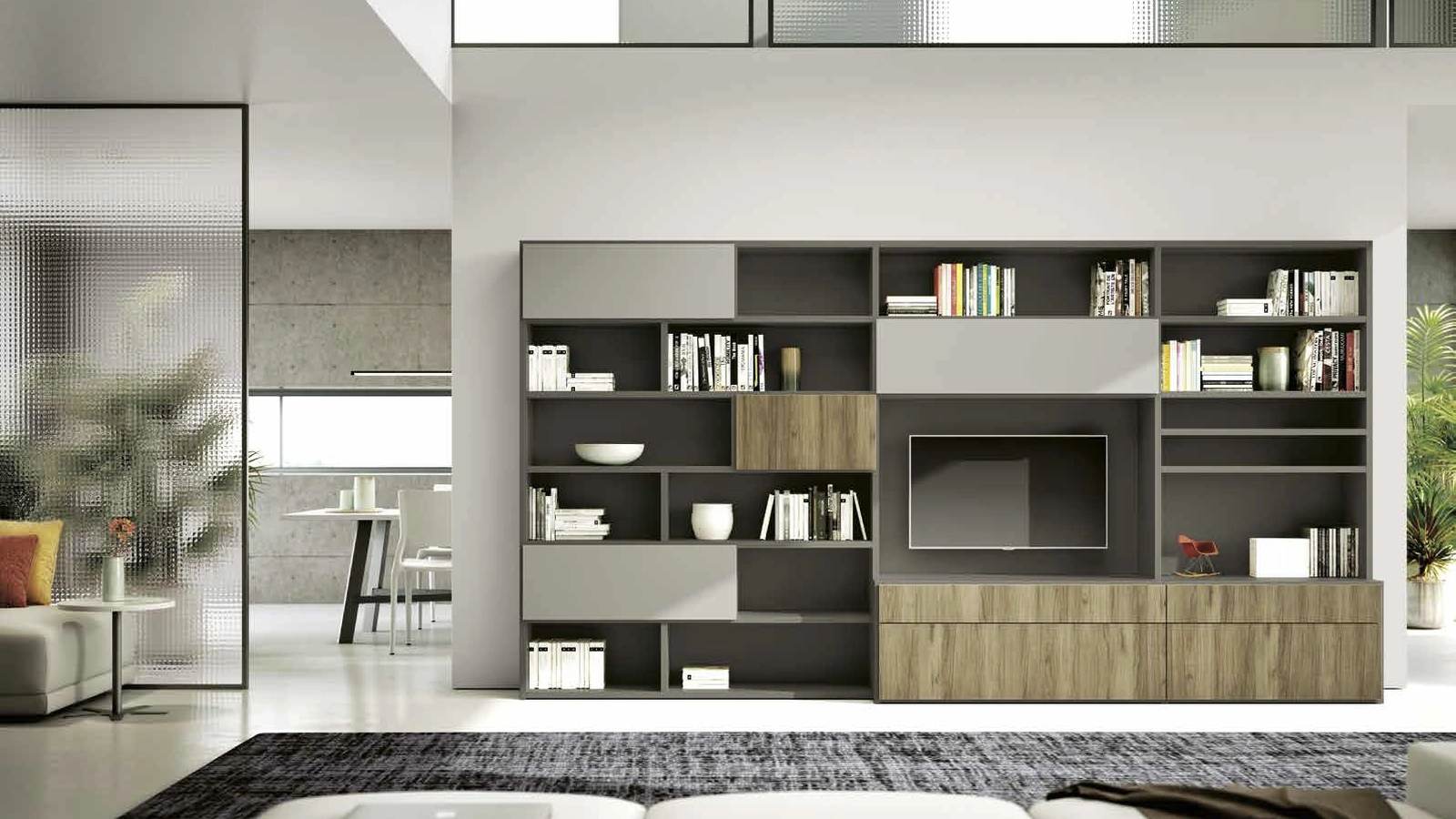 Parete Attrezzata Living 844 in laccato opaco e melaminico Rovere nodato di Spagnol Mobili