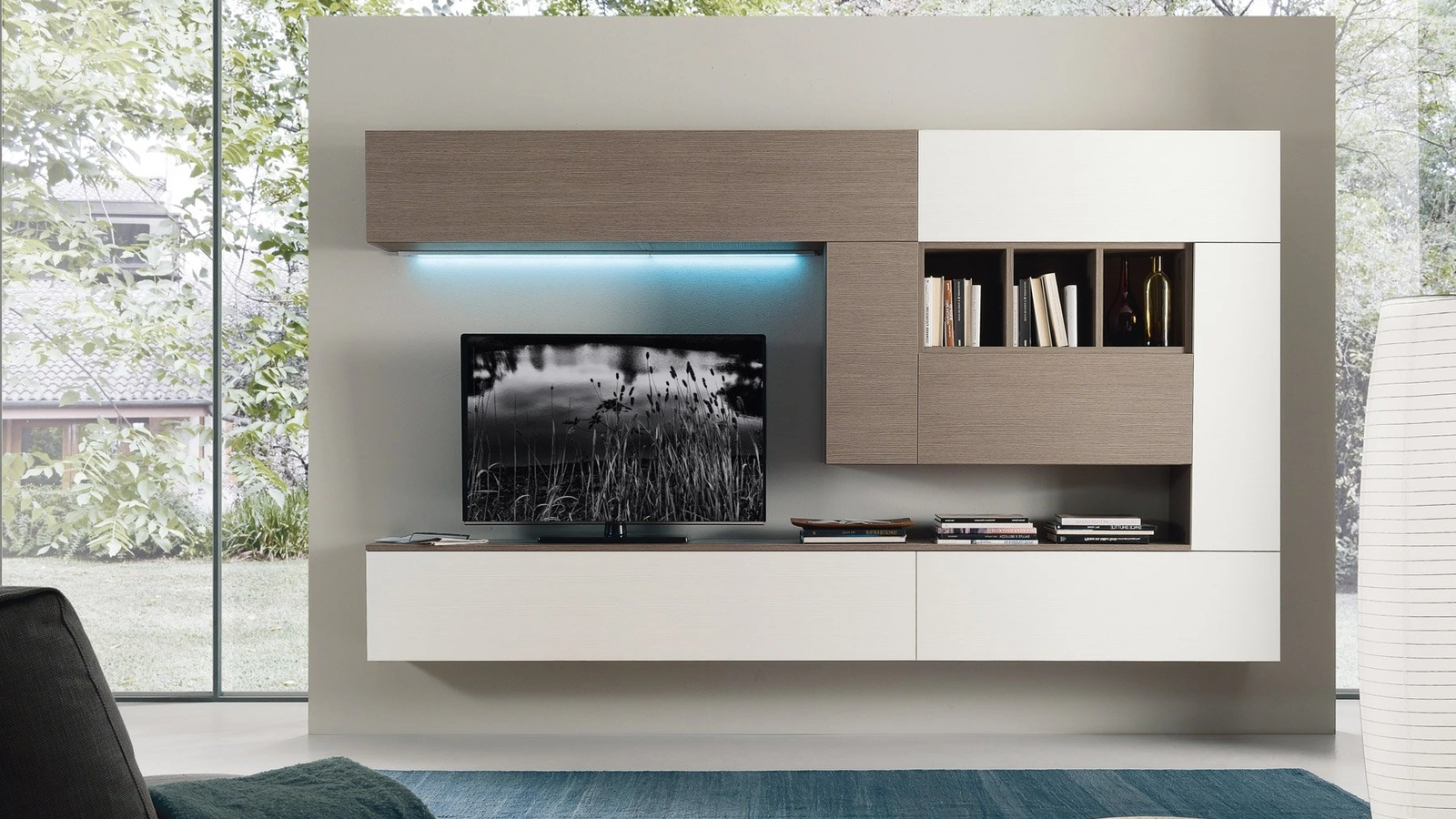 Parete Attrezzata sospesa Spot Cindy 01 finitura rovere ontario e bianco di S75