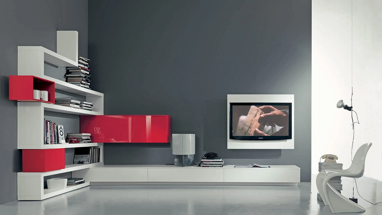 Parete Attrezzata Side 10 in laccato inverno e rosso opaco e lucido di Fimar