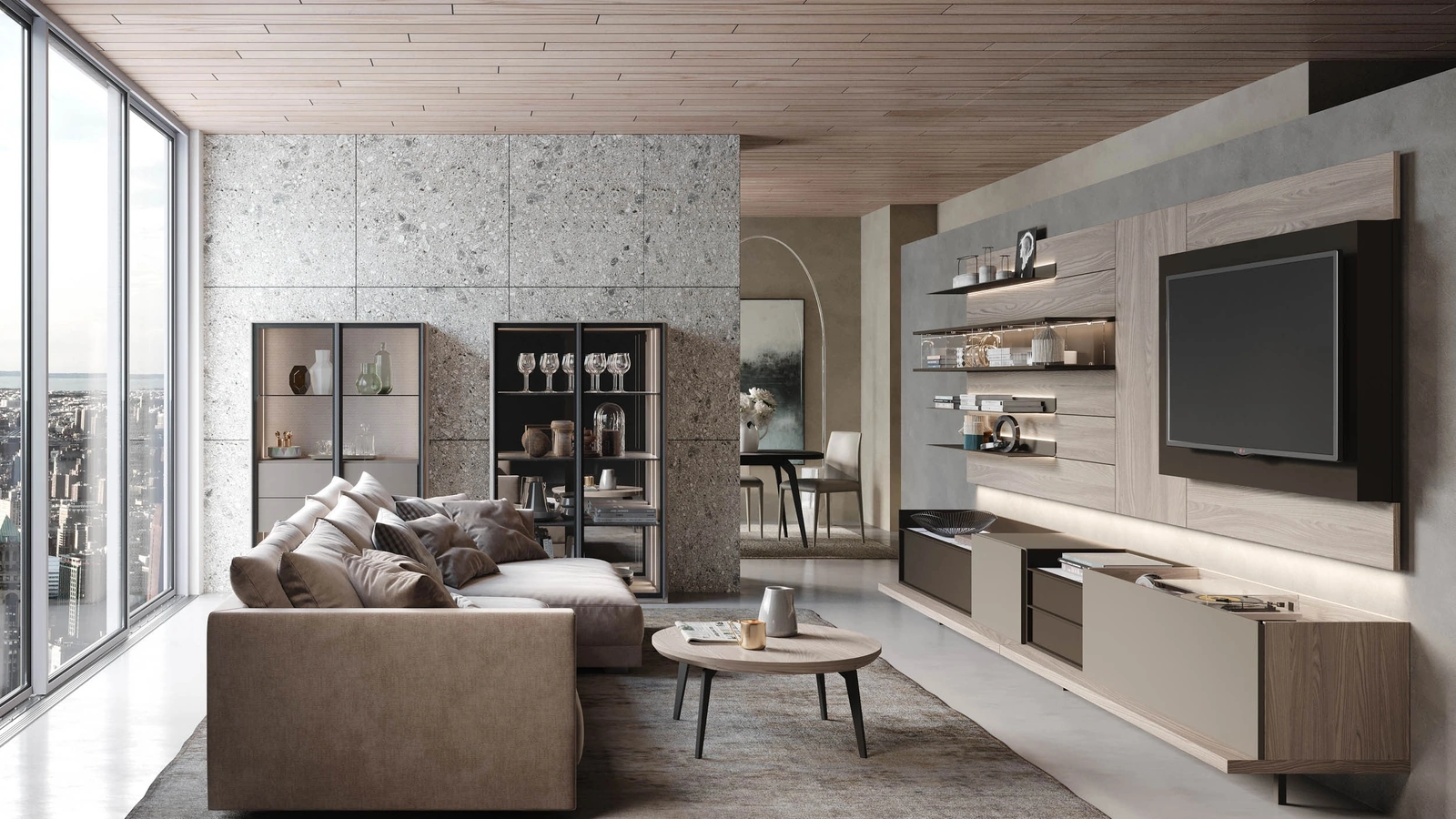 Parete Attrezzata Skyline Metropolitan life in laccato e Olmo Creta di Astor Mobili