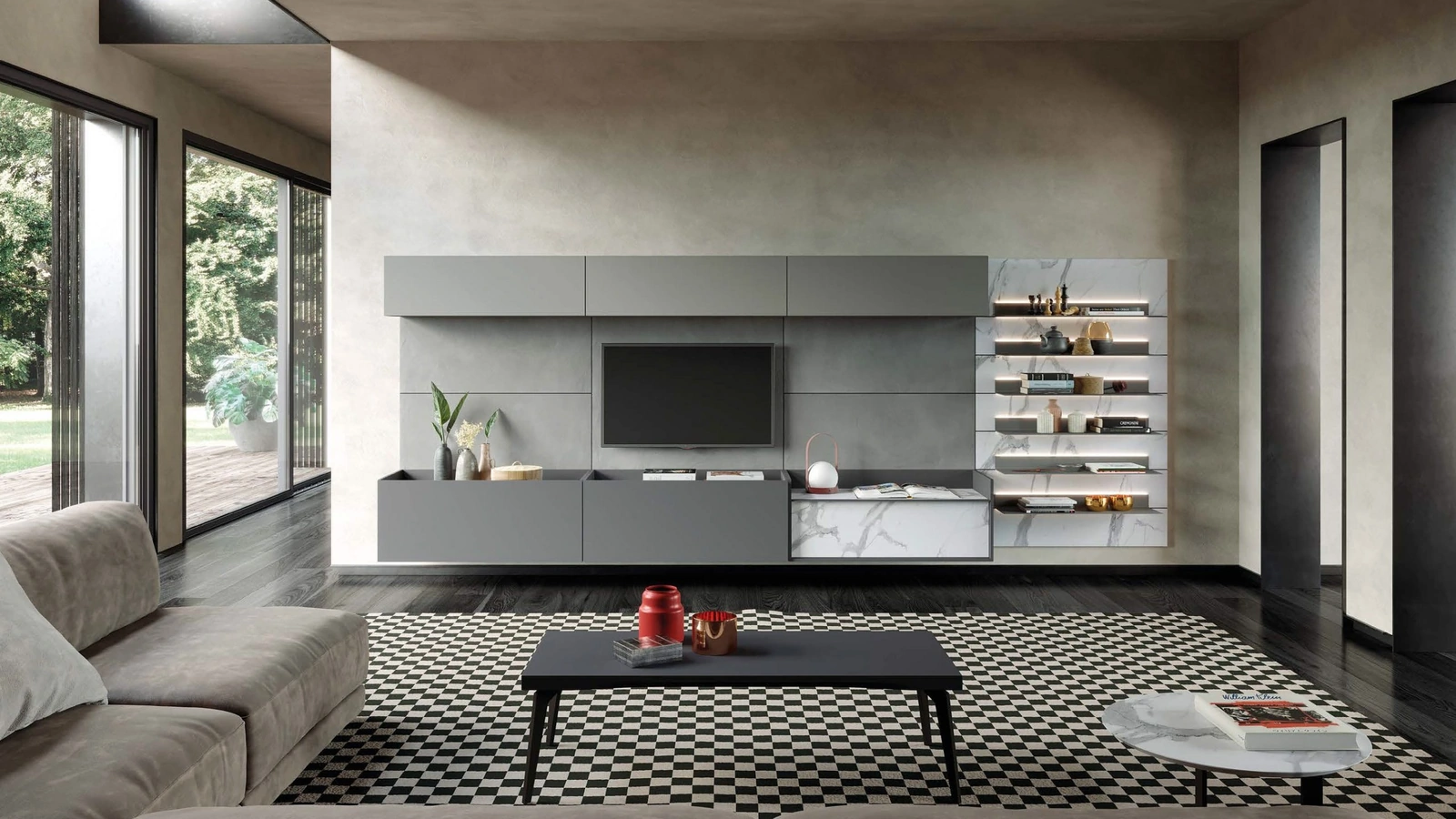 Parete Attrezzata Skyline Relation above and below in laccato Grigio e HPL marble Calacatta di Astor Mobili