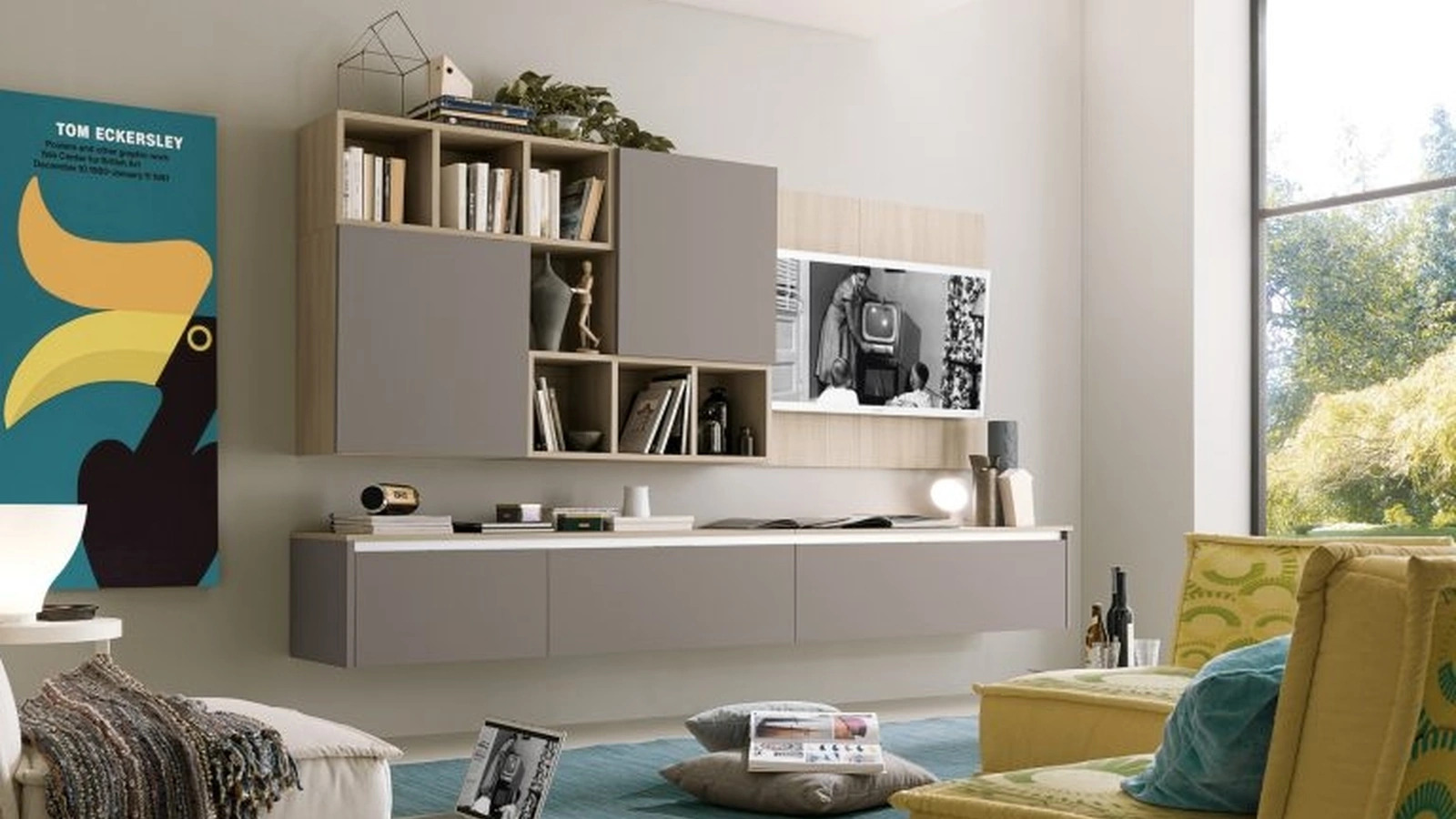 Parete Attrezzata sospesa nelle finiture grigio Londra e olmo light Soft Futura 03 di S75