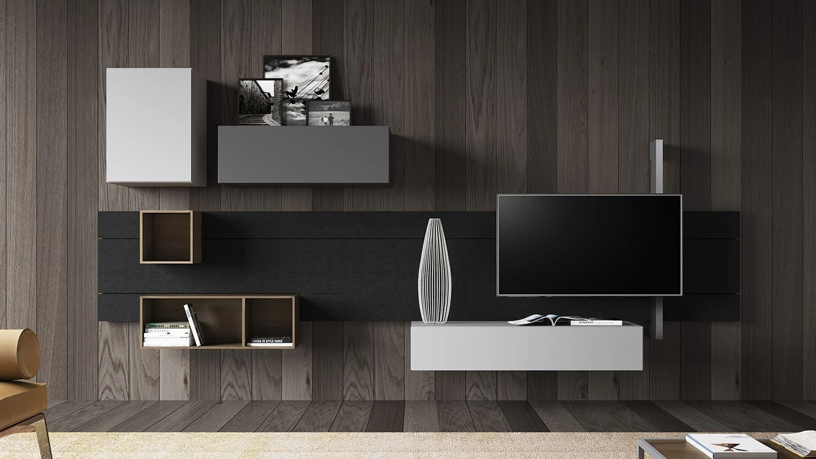 Parete Attrezzata Sorvolo D05 in finitura laccato visone, laccato ferro, noce random e pietra lavica di Fimar