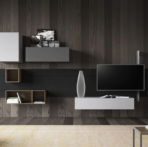 Parete Attrezzata Sorvolo D05 in finitura laccato visone, laccato ferro, noce random e pietra lavica di Fimar