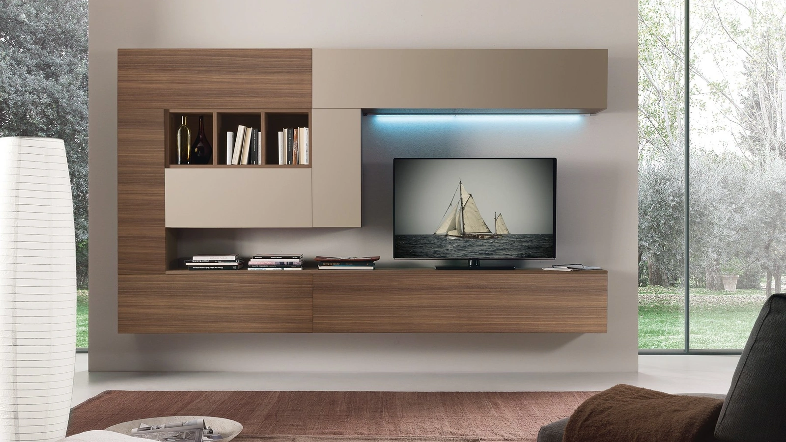 Parete Attrezzata in finitura eucalipto e fenix castoro Spot Chloè 03 di S75