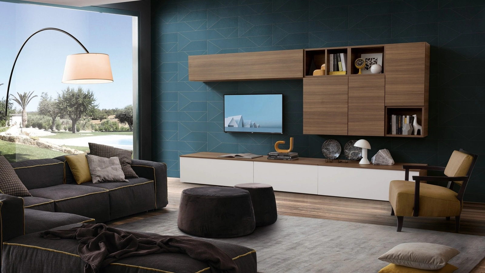 Parete Attrezzata in finitura eucalipto e laccato bianco Spot Chloè 01 di S75