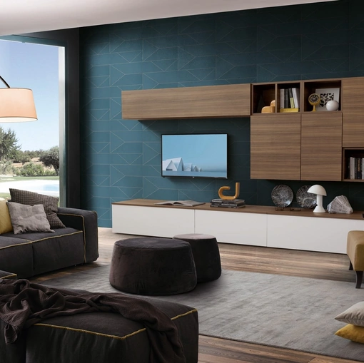 Parete Attrezzata in finitura eucalipto e laccato bianco Spot Chloè 01 di S75