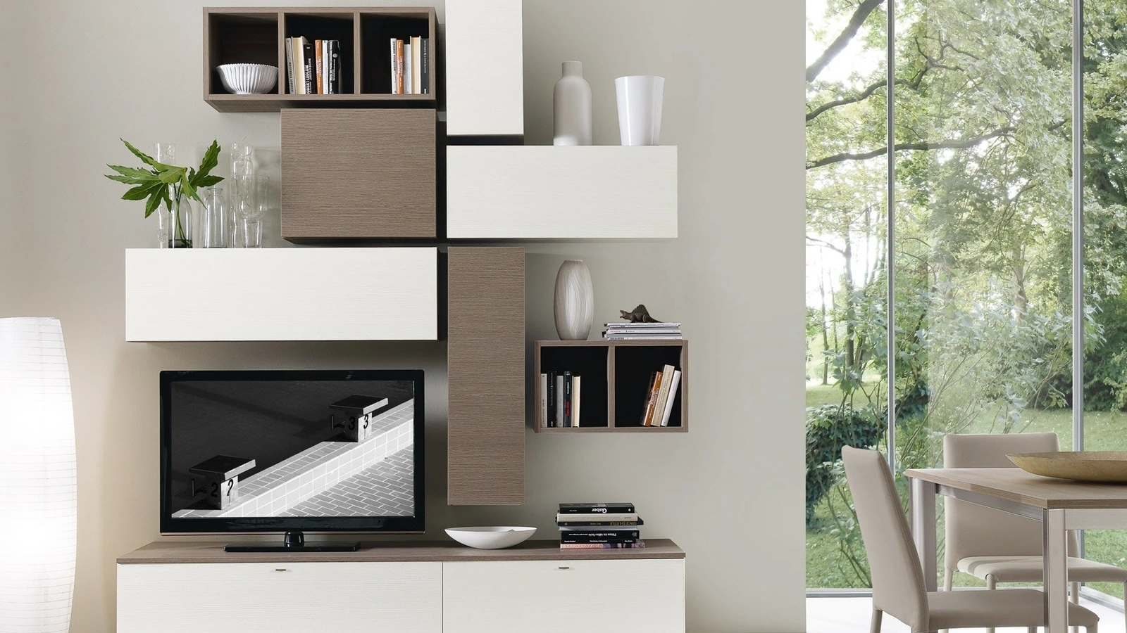 Parete Attrezzata Spot Cindy 04 finitura rovere ontario e bianco di S75