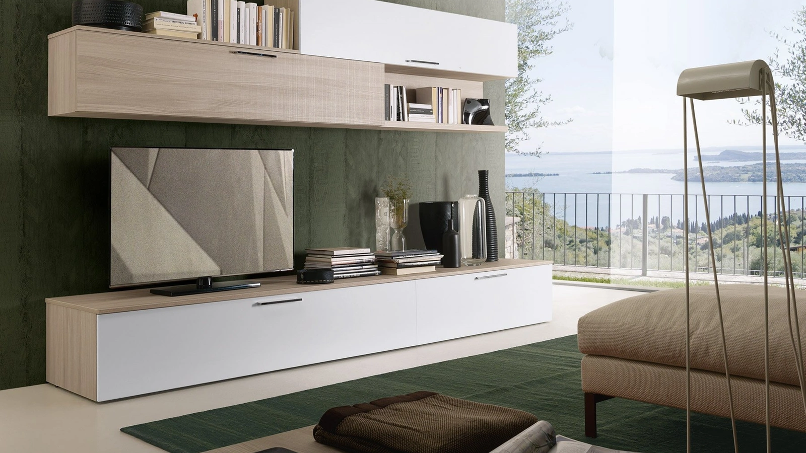 Parete Attrezzata Spot Irma 03 finitura bianco opaco e olmo light di S75