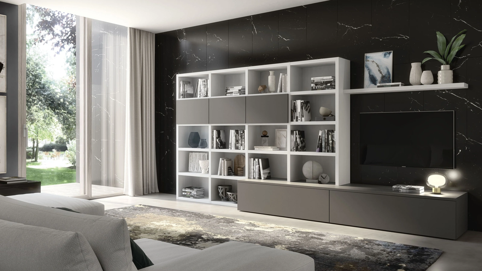 Parete Attrezzata in finitura olmo bianco e grey Spot Noemi 01di S75