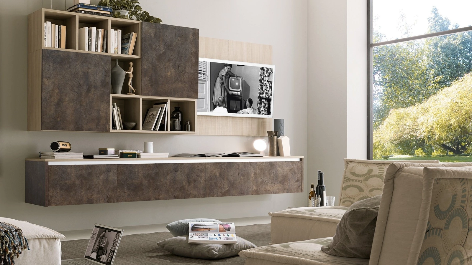 Parete Attrezzata sospesa in melaminico cemento vulcano Supreme City 02 di S75