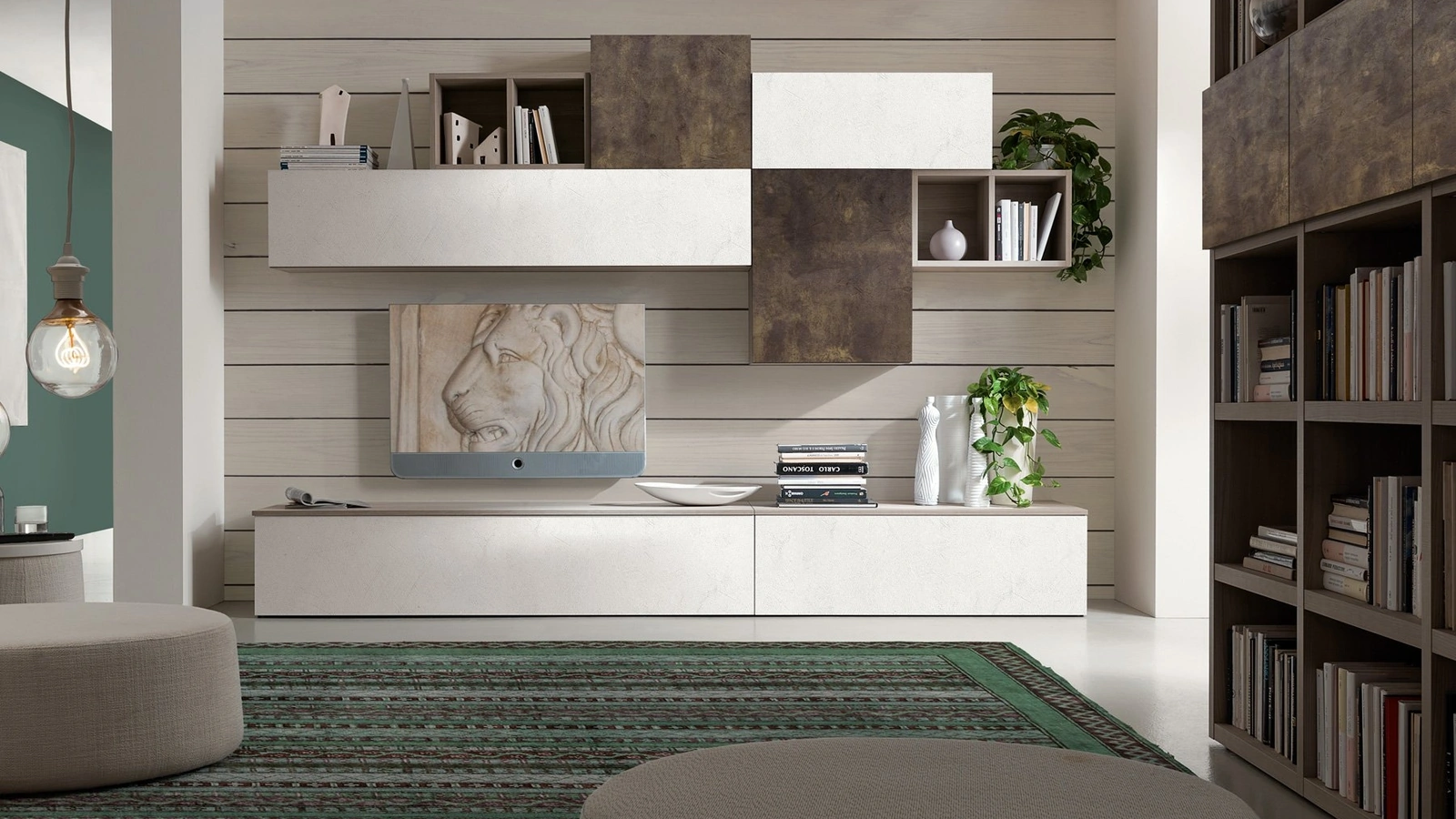 Parete Attrezzata in melaminico cemento bianco e vulcano Supreme City 03 di S75