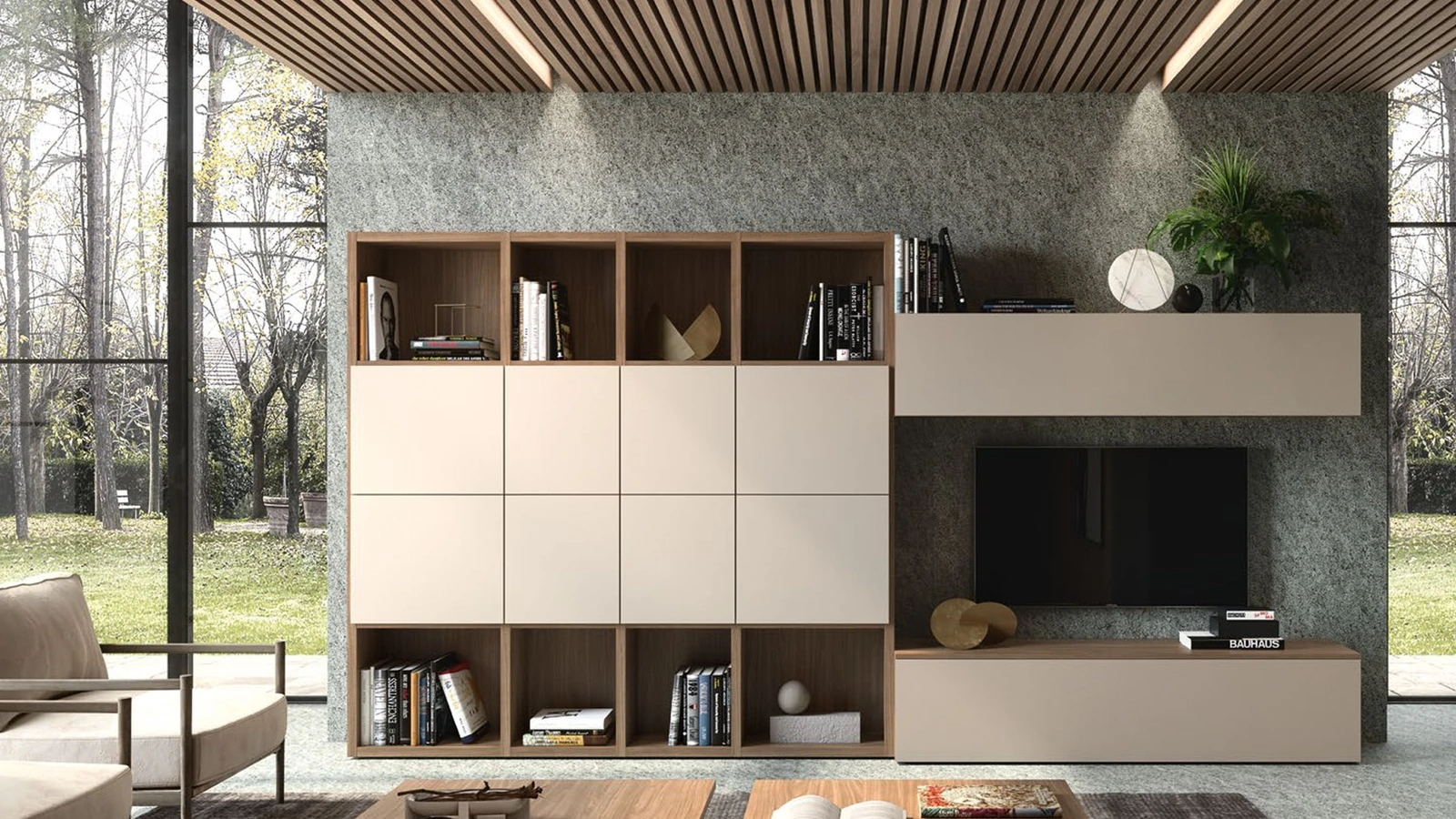 Parete Attrezzata in finitura creta e noce Supreme Ingrid Noce 04 di S75