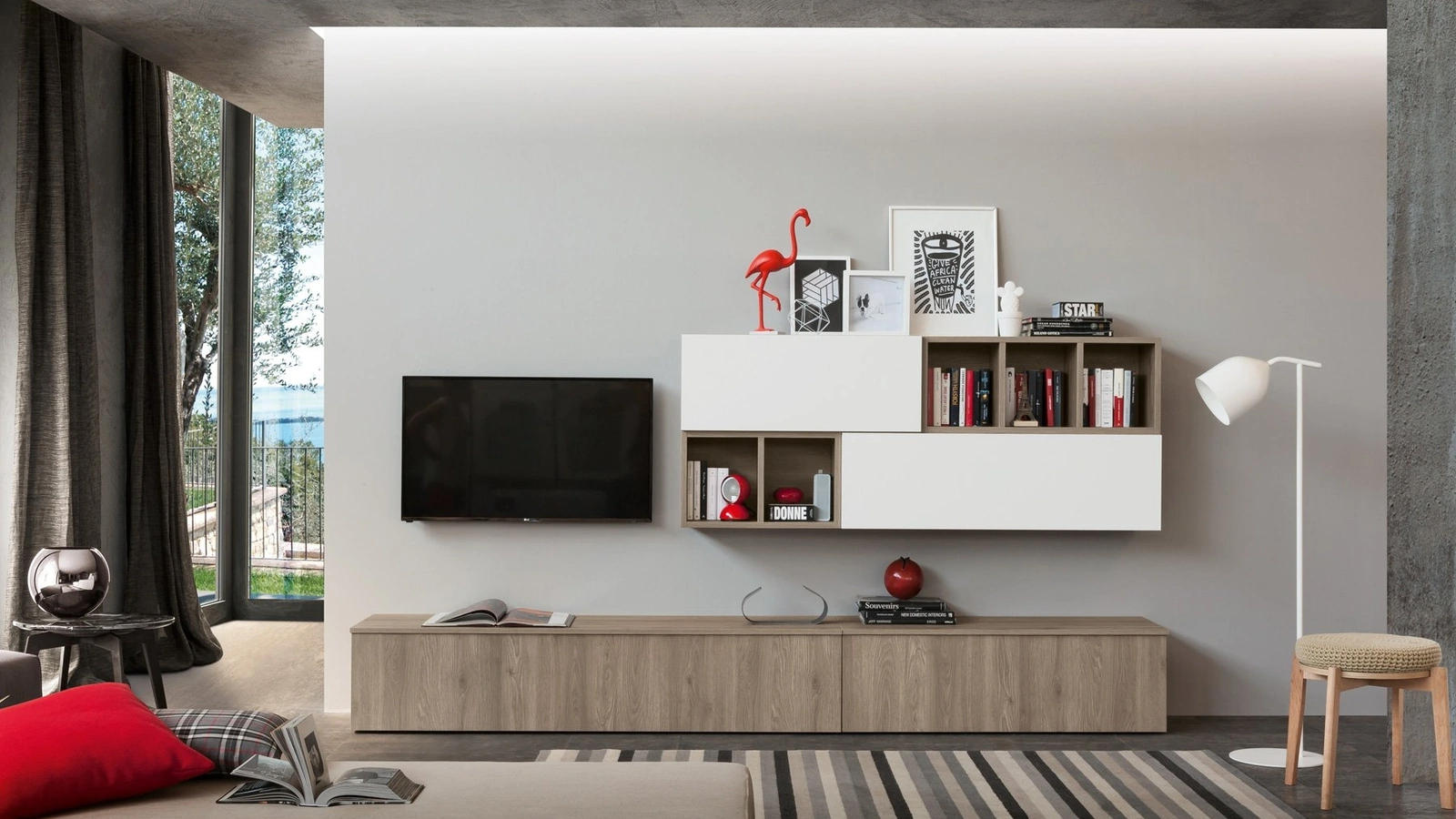 Parete Attrezzata in finitura rovere fiammato e bianco malè  Supreme Ingrid Rovere 01 di S75