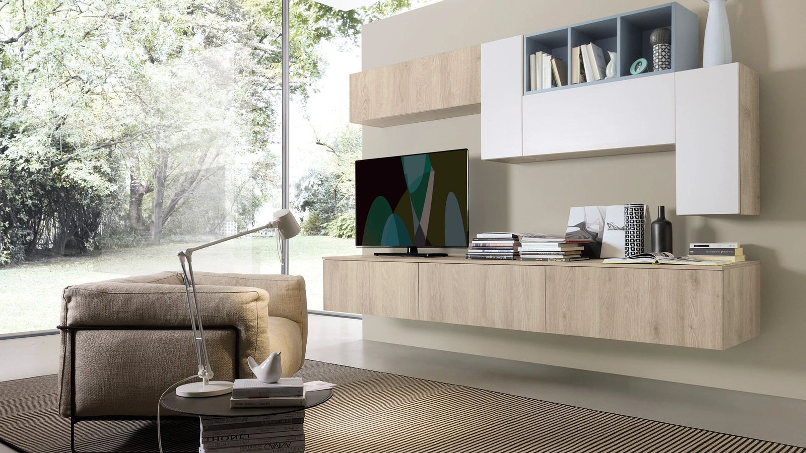 Parete Attrezzata sospesa in rovere fiammato e bianco malè Supreme Ingrid Rovere 03 di S75