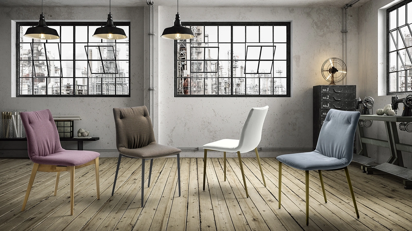 Sedia Grace A in tessuto imbottito con struttura in metallo verniciato o legno di frassino di Zamagna