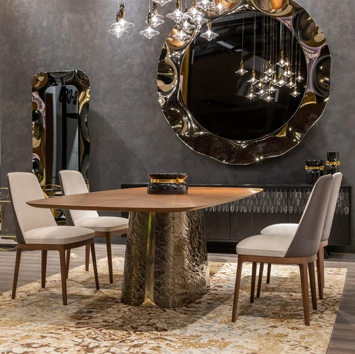 Tavolo Adone con top in legno e base in vetro curvato, bocciardato e retroargentato, in colorazione bronzo di Tonin Casa