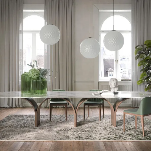 Tavolo in vetro stampato con base in legno Arco Maxi di Tonin Casa