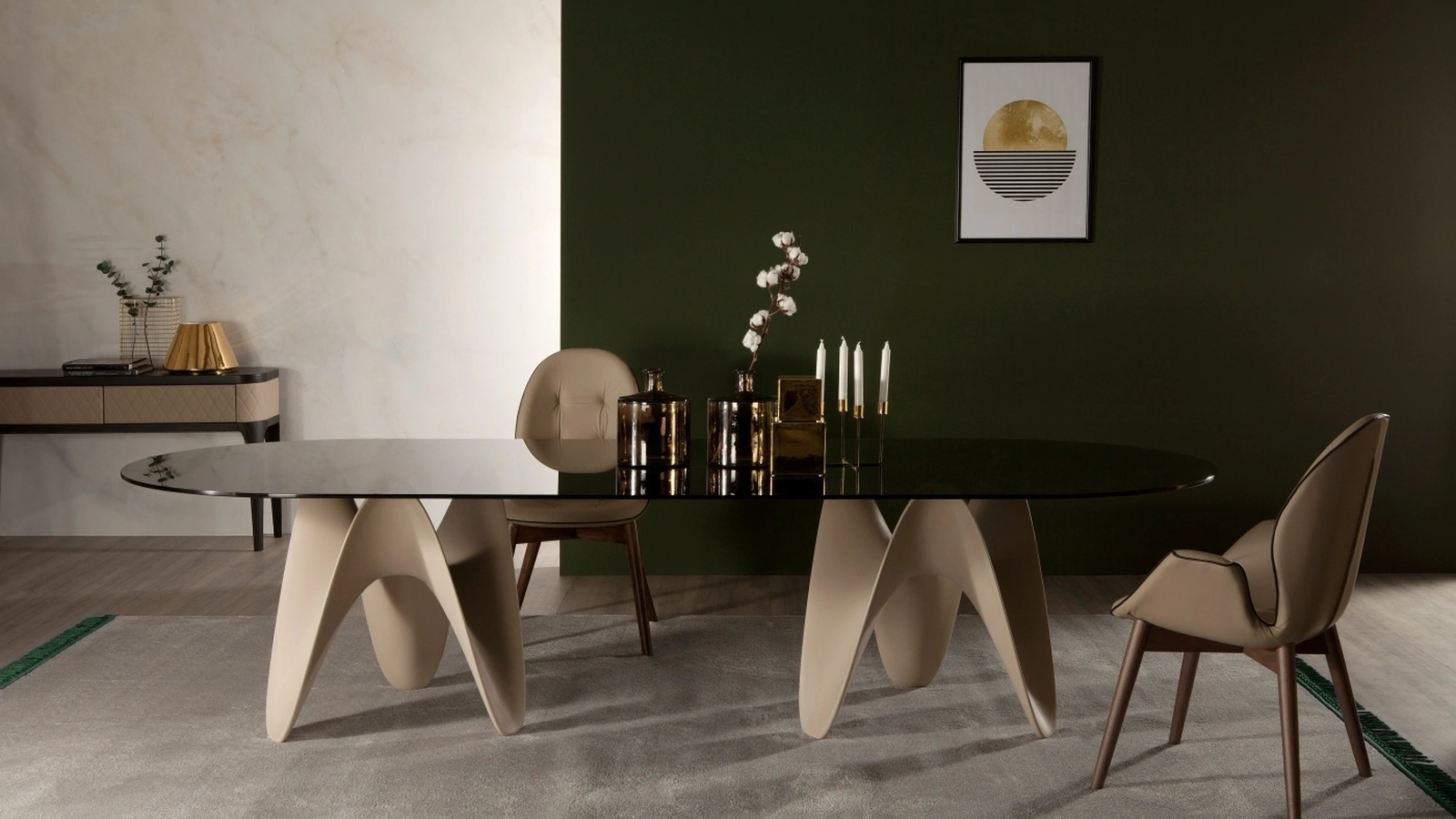 Tavolo con doppio basamento in Tecnoril e piano in vetro Big Gaya di Tonin Casa