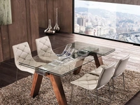 Tavolo allungabile Caronte in vetro temperato con base in legno di noce americano naturale massello di La Seggiola