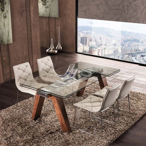 Tavolo allungabile Caronte in vetro temperato con base in legno di noce americano naturale massello di La Seggiola