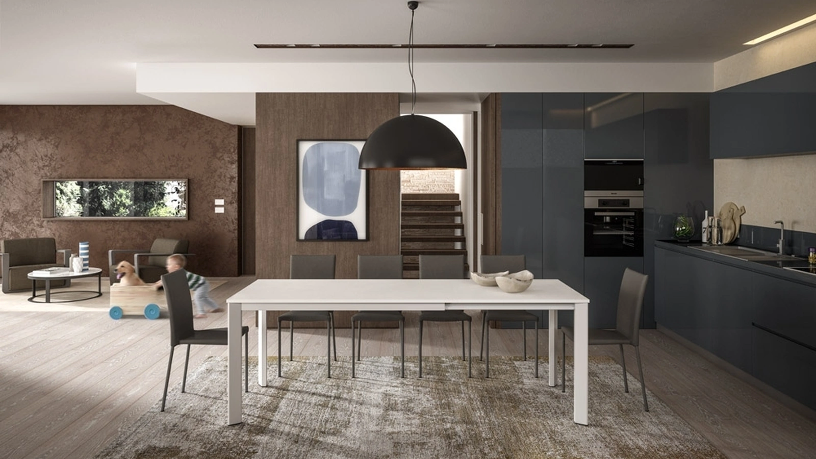 Tavolo allungabile Mix Expo con top finitura Ecolegno Bianco spatolato e base in metallo di Easyline