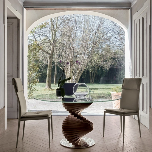 Tavolo rotondo Firenze con base in legno e top in vetro di Tonin Casa