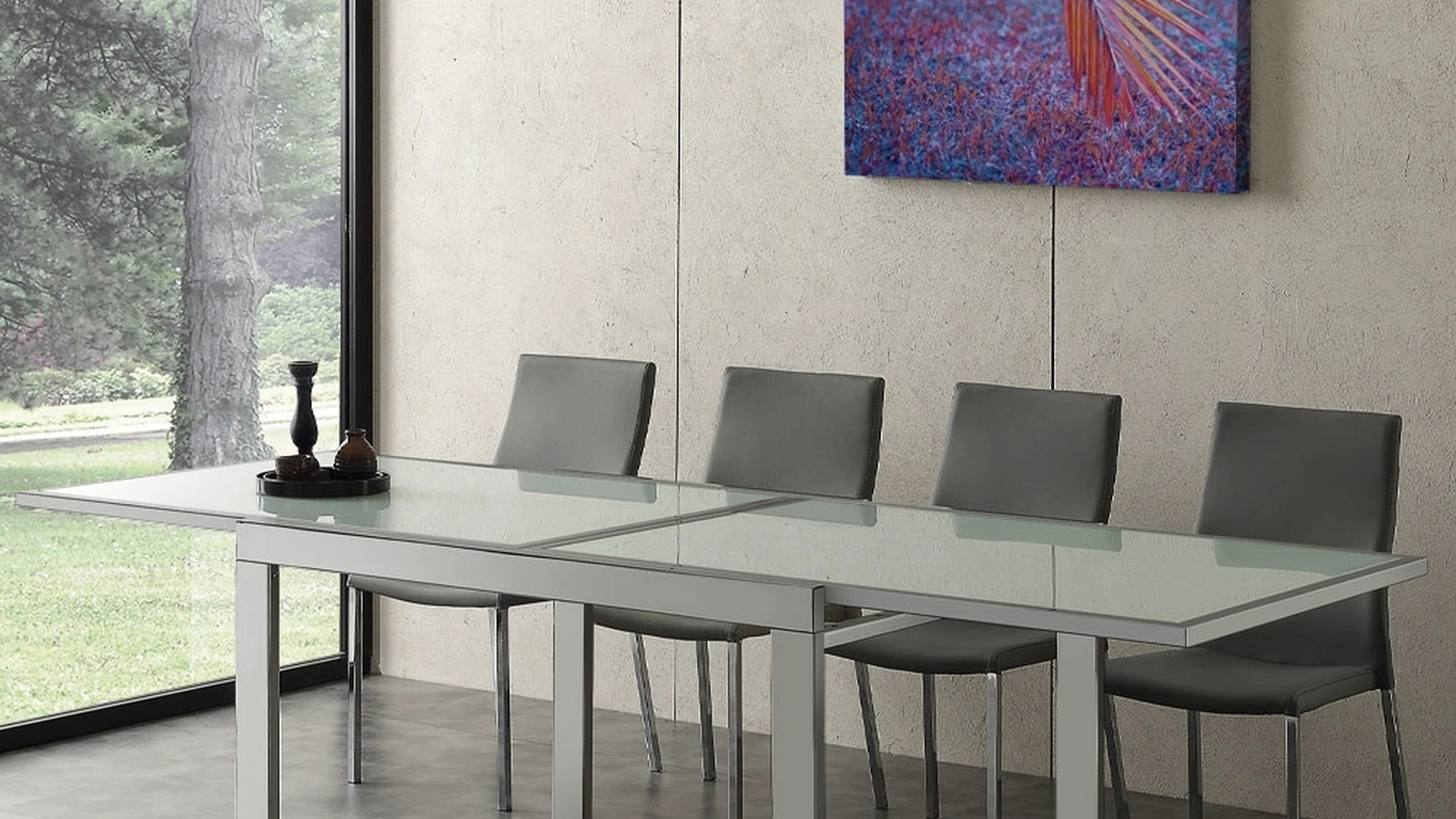 Tavolo allungabile Space in vetro temperato serigrafato con struttura in metallo verniciato alluminio di La Seggiola