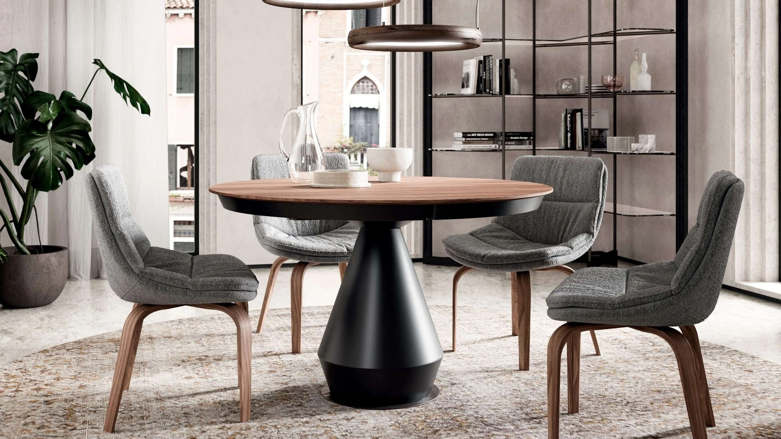 Tavolo allungabile rotondo Lycos con top in legno di Rovere Wild naturale e base in metallo verniciato di Ozzio