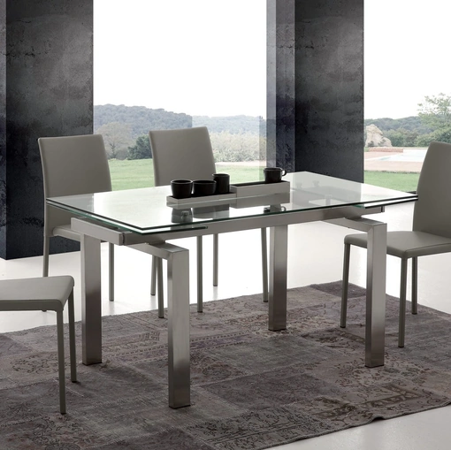 Tavolo allungabile Manhattan in vetro temperato trasparente con base in acciaio satinato spazzolato di La Seggiola