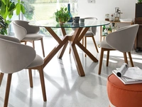 Tavolo rotondo in vetro temprato trasparente e base in legno di faggio tinto noce Mikado di Connubia