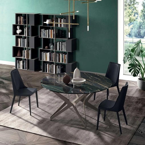 Tavolo Big Round Fisso in ceramica Noir Desir con base in metallo di Ozzio