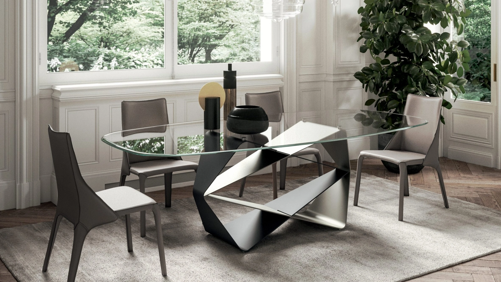 Tavolo scultura con piano in cristallo e base in metallo Gem di Ozzio