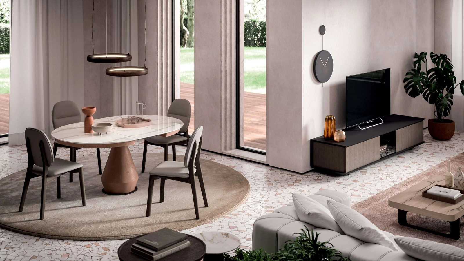 Tavolo allungabile Lycos con top in Marble Glass Calacatta Gold lucido e base in metallo verniciato Bronzo di Ozzio