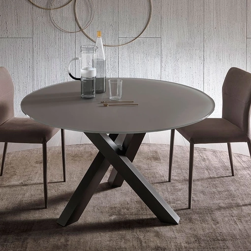 Tavolo rotondo Frisbi in cristallo satinato verniciato corda con base in alluminio di Sedie Brianza