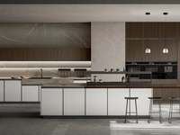 Cucina Moderna con isola Kronos 05 in pet bianco e laminato noce di Arredo3