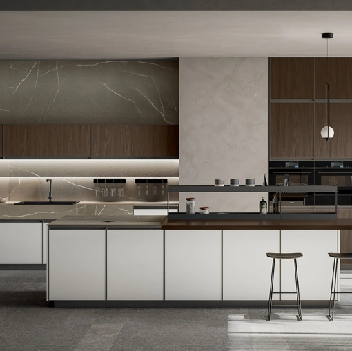 Cucina Moderna con isola Kronos 05 in pet bianco e laminato noce di Arredo3