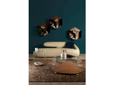 Tavolino di design in vetro trasparente curvato con base in legno Noce Canaletto Chakra di Tonin Casa