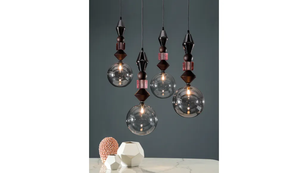 Lampada a sospensione composta da rovere, noce, oro, platino e vetro Pandora Light di Tonin Casa