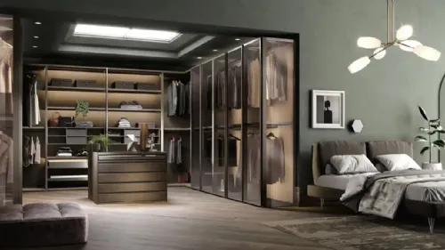 Cabina armadio Antares A122 in nobilitato rovere con ante in vetro di Moretti Compact Giorno Notte