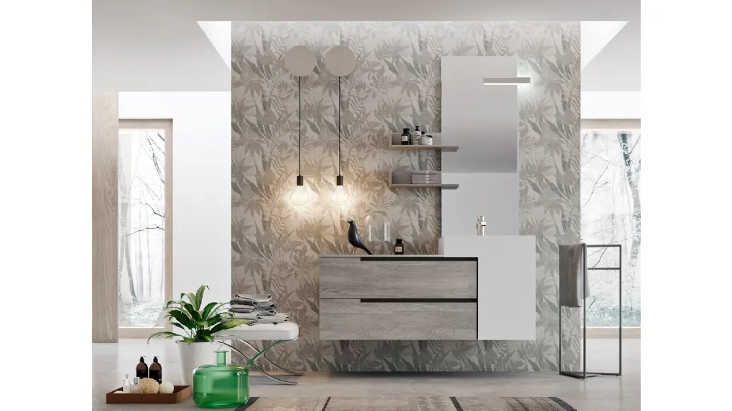 Mobile da Bagno sospeso Start Line 02 in melaminico Sablè Grey con lavabo asimmetrico di Ardeco