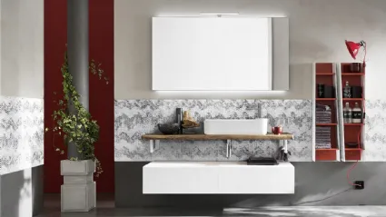 Mobile da Bagno sospeso in melaminico Olmo Gesso Wind 48 con top in legno massello dalla forma irregolare di Ardeco