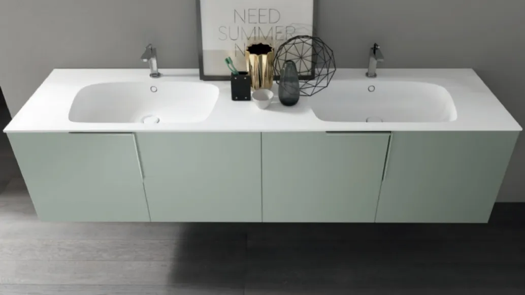 Mobile da Bagno sospeso M1 System C111 in laccato opaco Verde Polvere con top con vasche integrate di Baxar